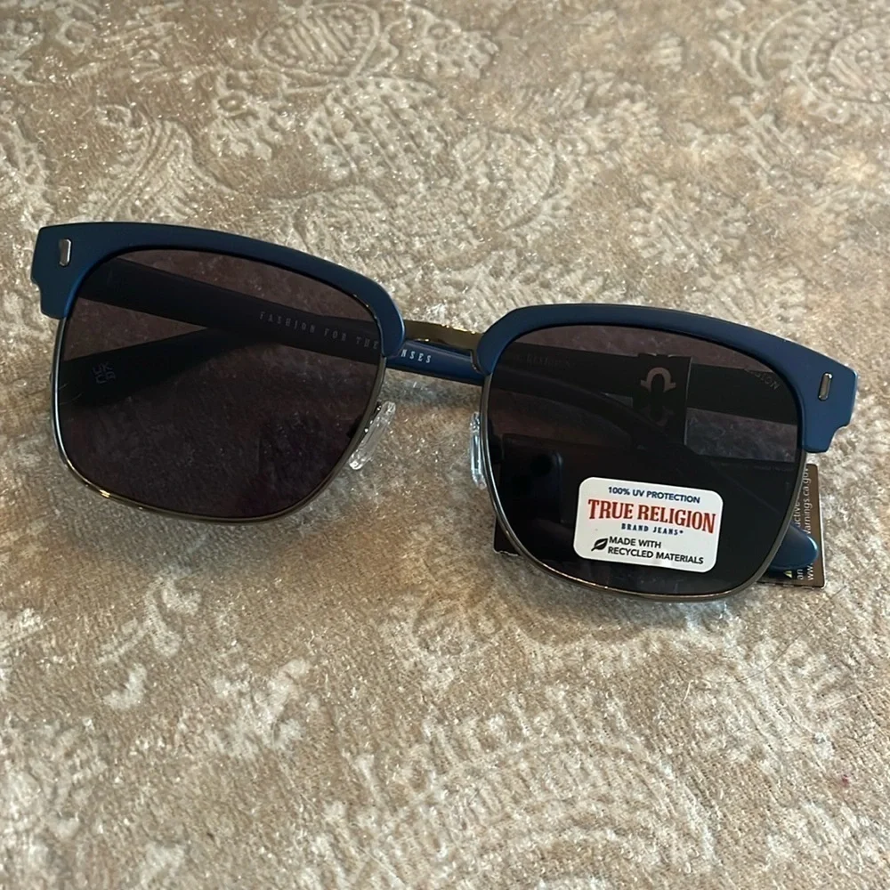 Brand New True Religion Clubmaster Classic Square Metal Sunglasses Blue Accent